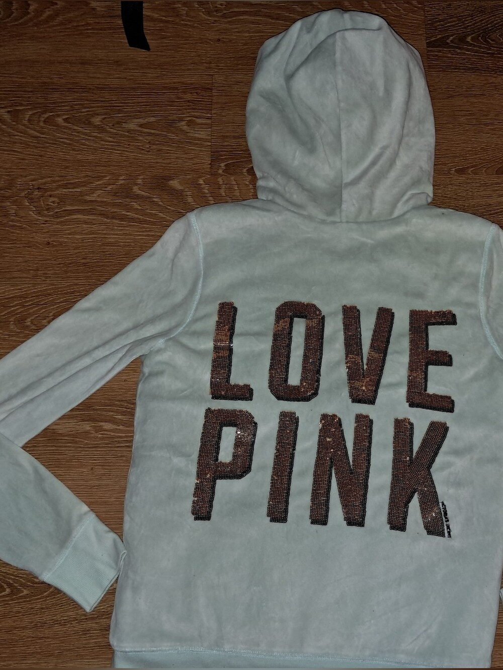 LOVE PINK Victoria's Secret Velour Fur Lined Hoodie Gold Sequins Bling Y2k